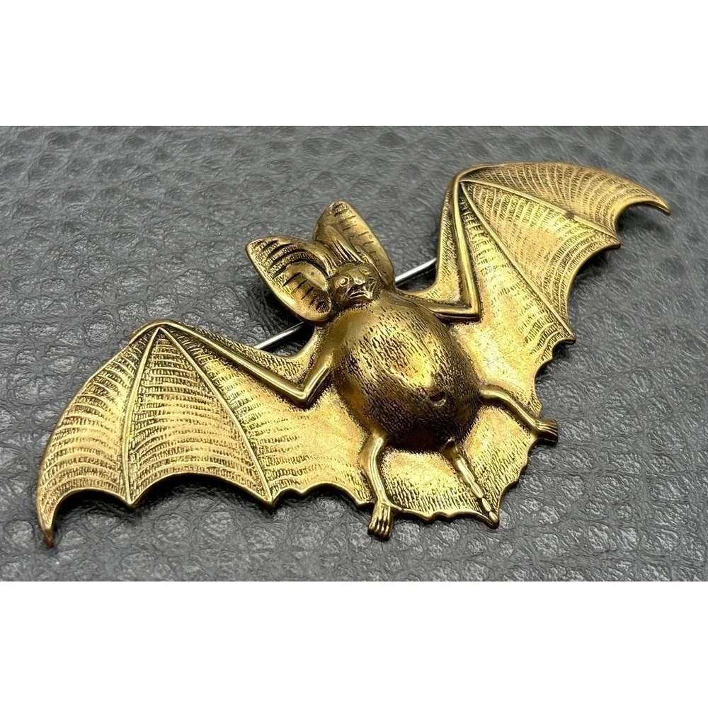 Vintage Victorian Revival Bat Brooch Pin Gothic Detailed Antiqued Gold Tone